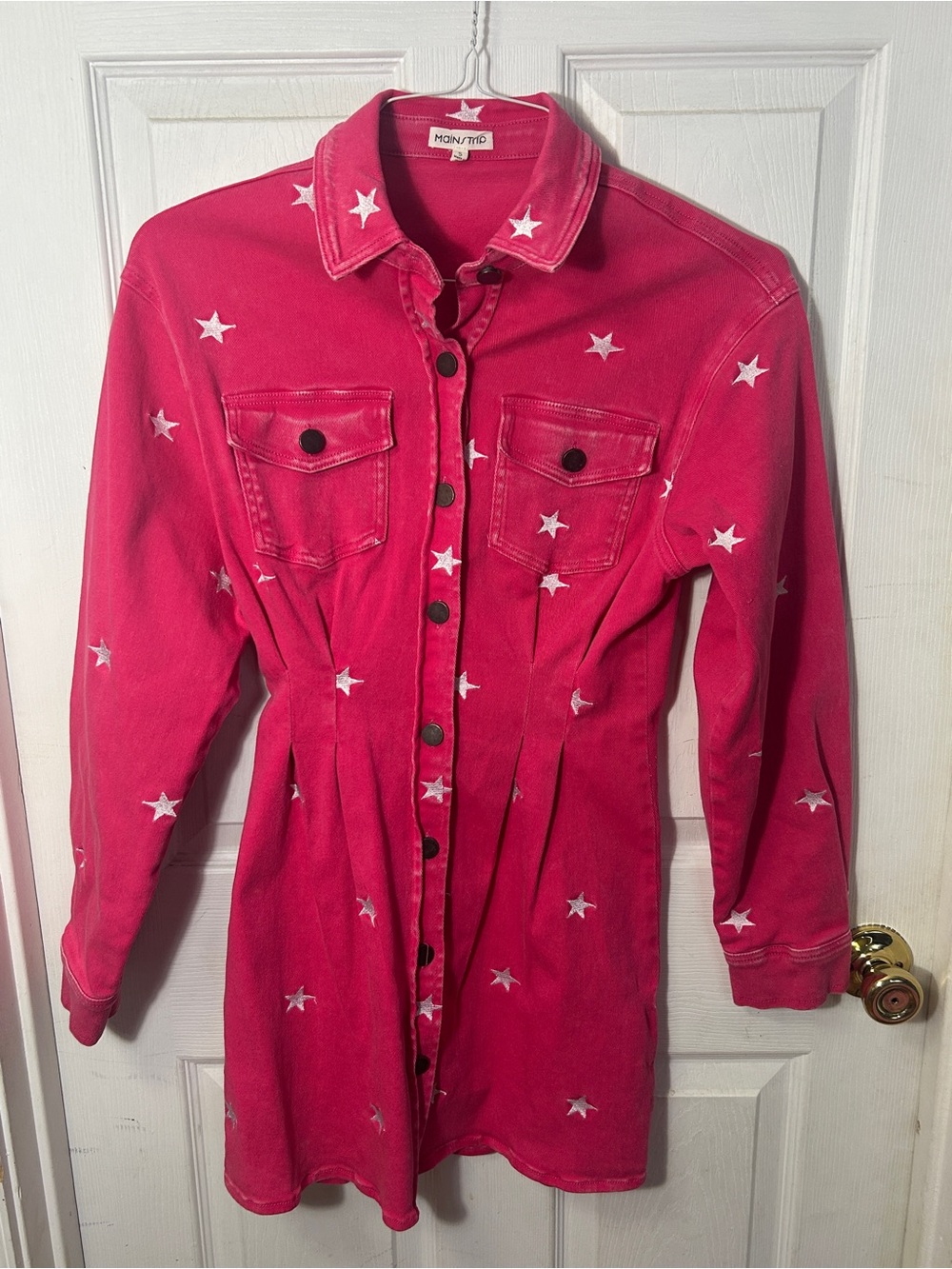 Pink Denim Dress with Embroidery Stars